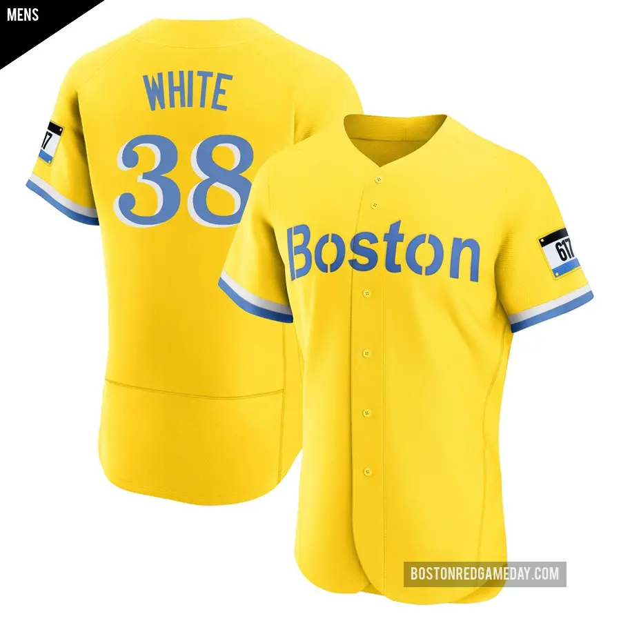 Men's Boston Red Sox ＃38 Eli White Authentic Light Blue Gold/ 2021 City Connect Jersey