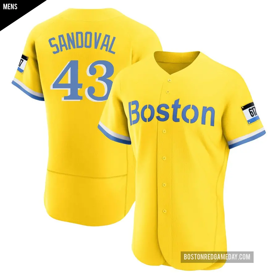 Men&#039;s Boston Red Sox &#65283;43 Patrick Sandoval Authentic Light Blue Gold/ 2021 City Connect Jersey
