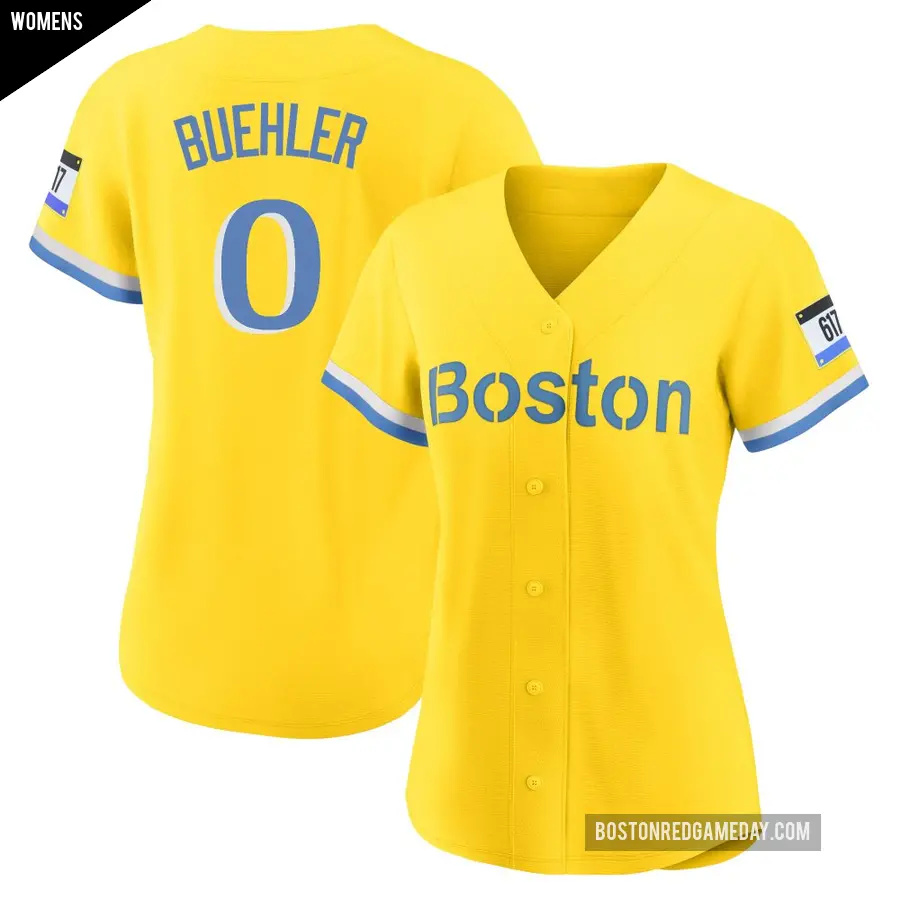 Women&#039;s Boston Red Sox &#65283;0 Walker Buehler Replica Light Blue Gold/ 2021 City Connect Player Jersey