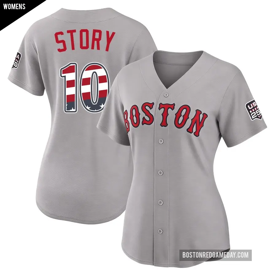Women's Boston Red Sox ＃10 Trevor Story Limited Gray USA 250 Fourth Of July Road Stadium Jersey