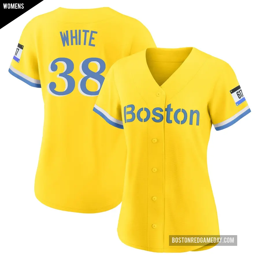 Women's Boston Red Sox ＃38 Eli White Authentic Light Blue Gold/ 2021 City Connect Player Jersey