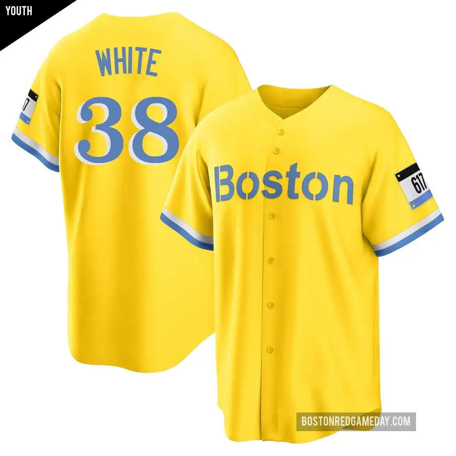 Youth Boston Red Sox ＃38 Eli White Replica Light Blue Gold/ 2021 City Connect Player Jersey