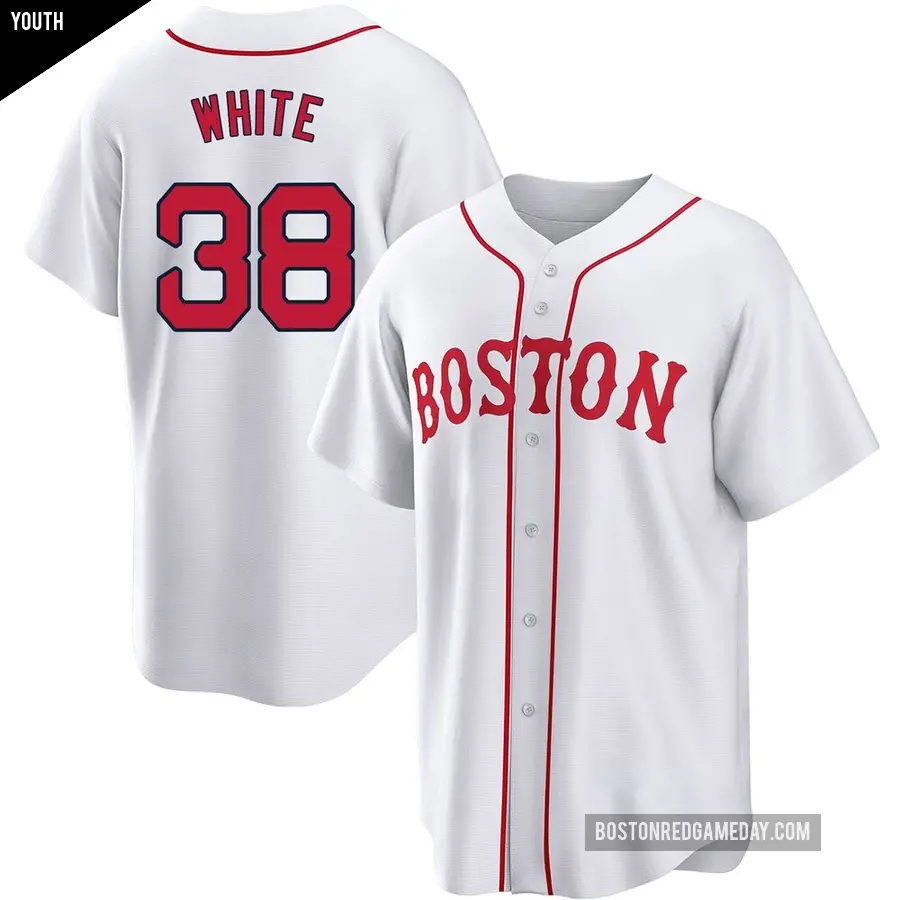 Youth Boston Red Sox ＃38 Eli White Replica White 2021 Patriots' Day Jersey